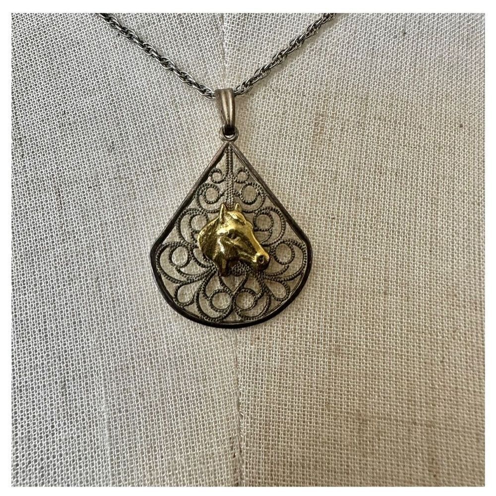 silver and gold tone horse teardrop pendant necklace